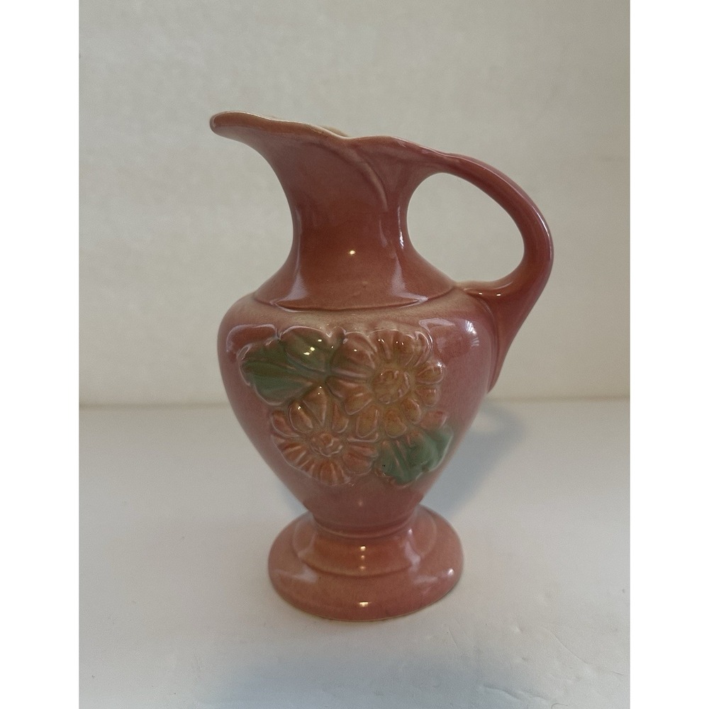 Vintage USA Pottery Pink Floral Ewer Pitcher Vase Embossed Flowers Art Pottery